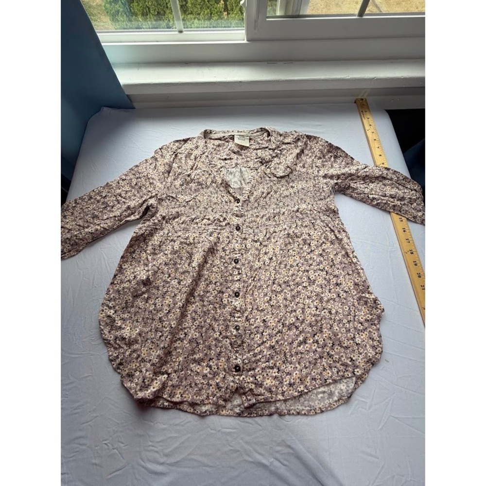 Knox Rose Purple Floral Smocked Button Front Blouse Boho Rayon Top Womens L - Picture 3 of 11